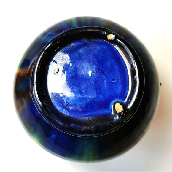 Vtg Art Pottery Pitcher Blue Green Yellow Drip Glaze Jug MCM Fat Lava Style - Picture 7 of 10